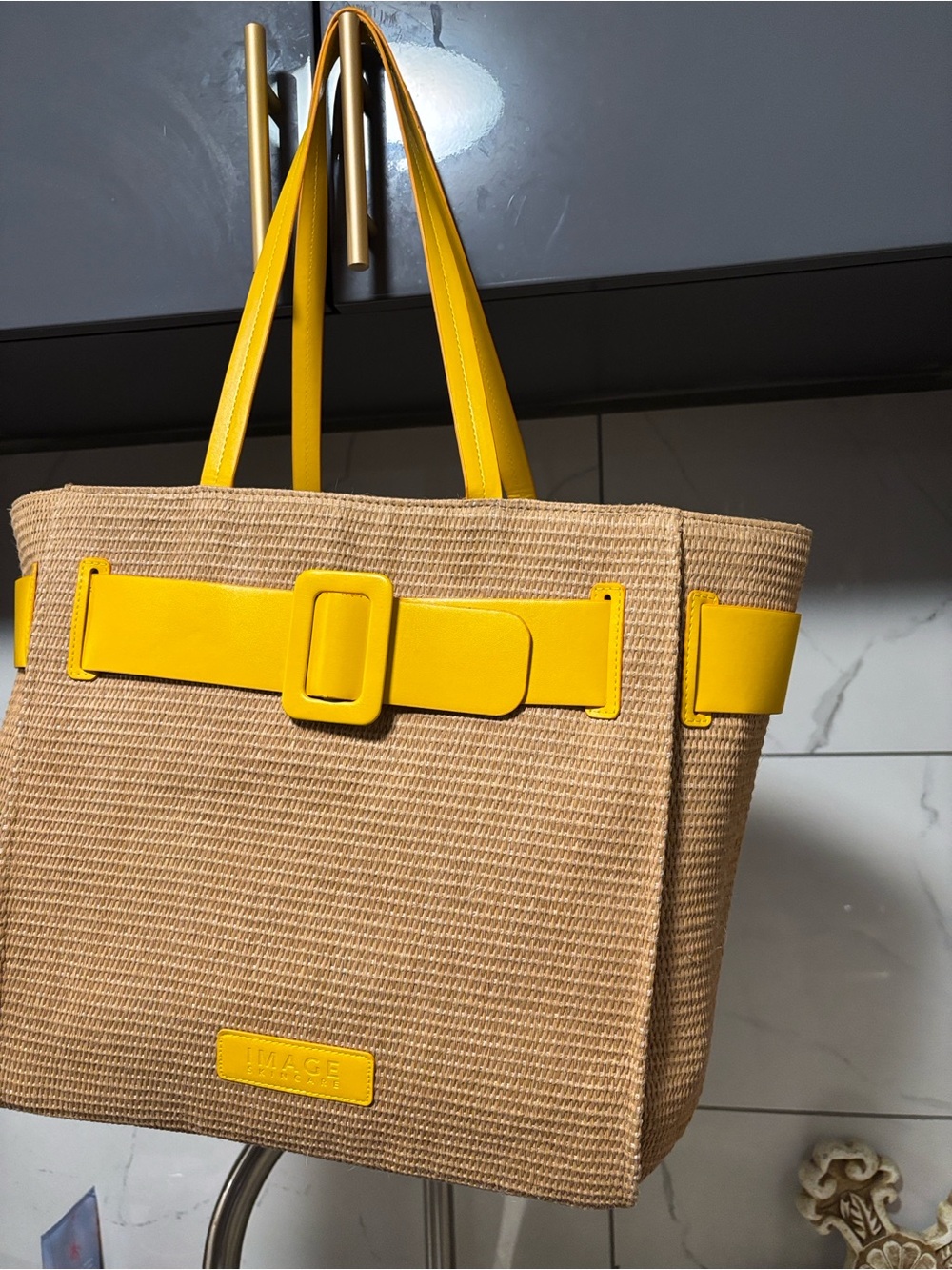 Yellow-Trim Woven Shoulder Tote Bag
